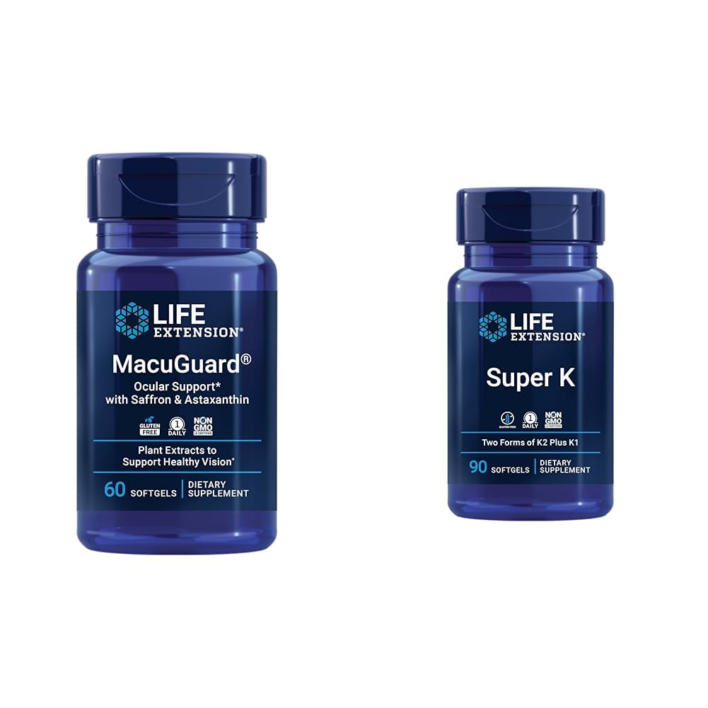 Livsforlengelse Macuguard Eye Health Supplement med Lutein, Meso-Zeaxanthin, Saffron & Astaxanthin - 60 greve og Super K-vitamin K1 K2 MK-7 MK-4 Vitamin C - 90 Softgels