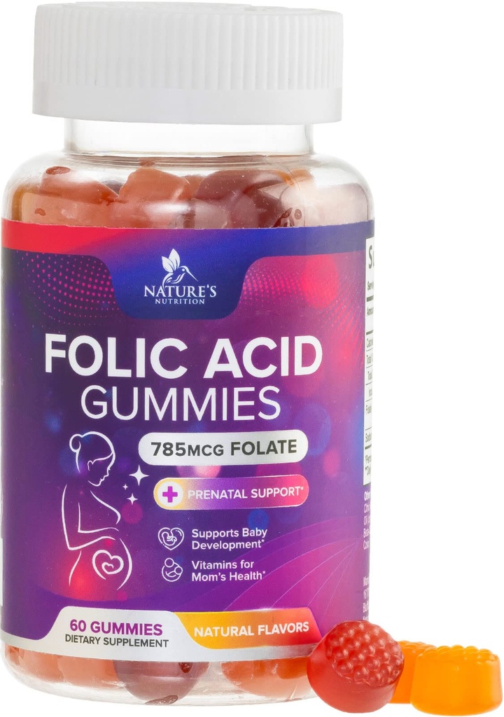 Folic Acid Gummies for kvinner 785 mcg, essensielle prenatal vitaminer for mamma & baby, vegansk foliske kosttilskudd gummy, daglig vitamin B9 ekstra styrke folat, før under etter graviditet - 60 gummier