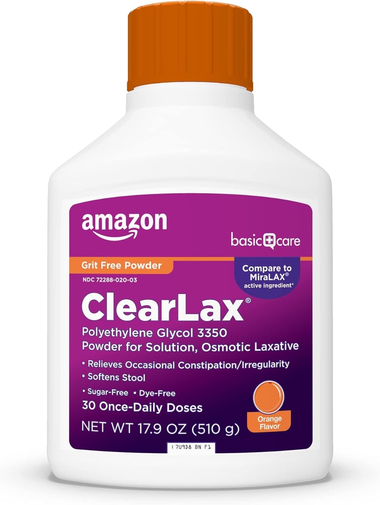Grunnleggende Care ClearLax Polyetylen Glykol 3350 pulver for løsning, Orange Flavor, Osmotic Laxative, Stool Softener, lindrer anledninger, 1,11 pund (pakke av 1)