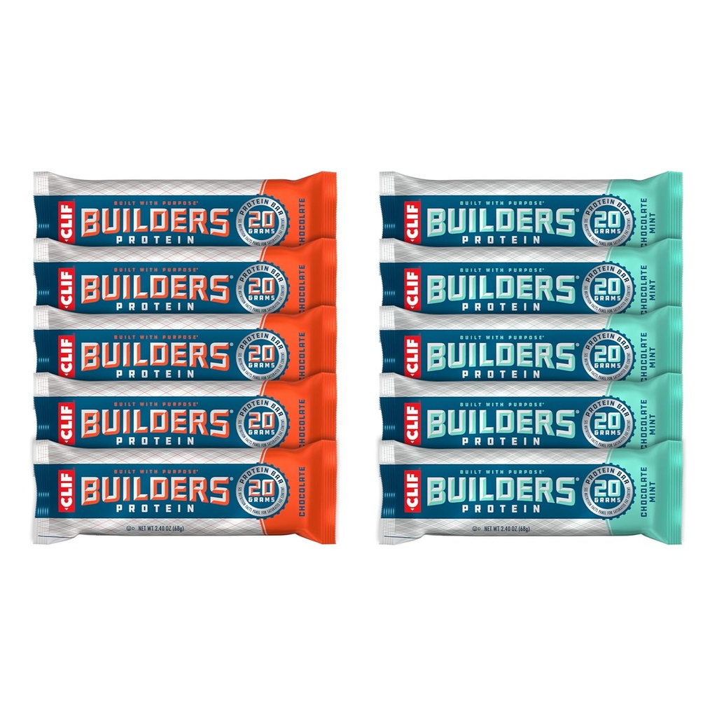 CLIF Builders - sjokolademynte og sjokoladeflavor - Variety Pack - Plantebaserte proteinbarer - Glutenfri - Ikke-GMO - lavglykemisk - 20g Protein - 2,4 oz. (10 greve)