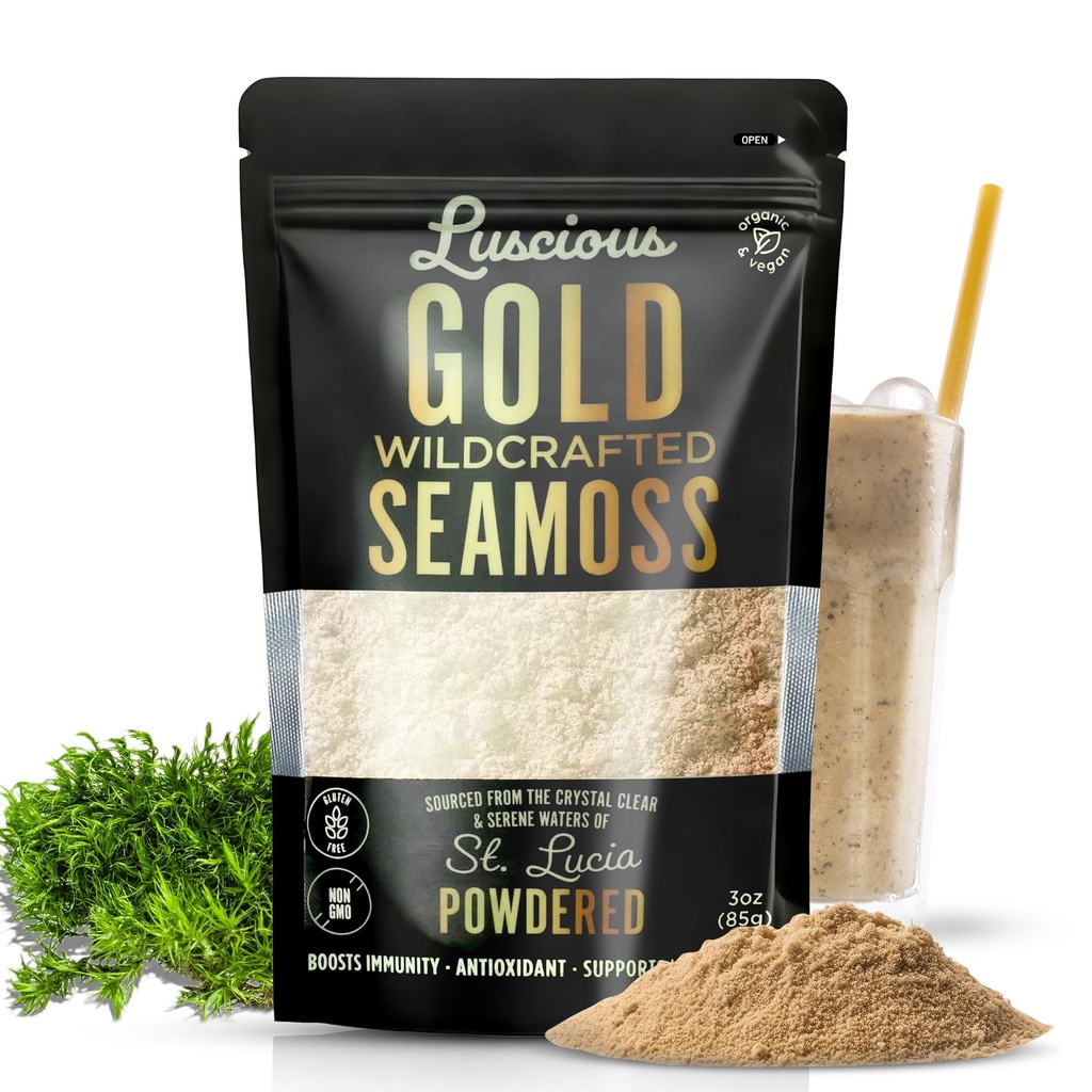 Irish Sea Moss Powder Gold 3 Oz – 100% organisk St. Lucia Sea Moss | Wildcred Superfood for Gut Helse, Immunstøtte, Vegan, Glutenfri | Makes 120+ Flounces of Gel by Luscious Spice Emporium