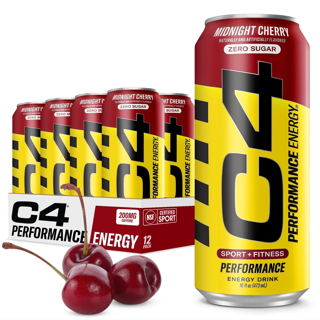 C4 Energi Karbonert Zero Sukker Energi Drink, Pre Workout Drink + Beta Alanine, Midnight Cherry, 16 Fl Oz (Pack of 12)