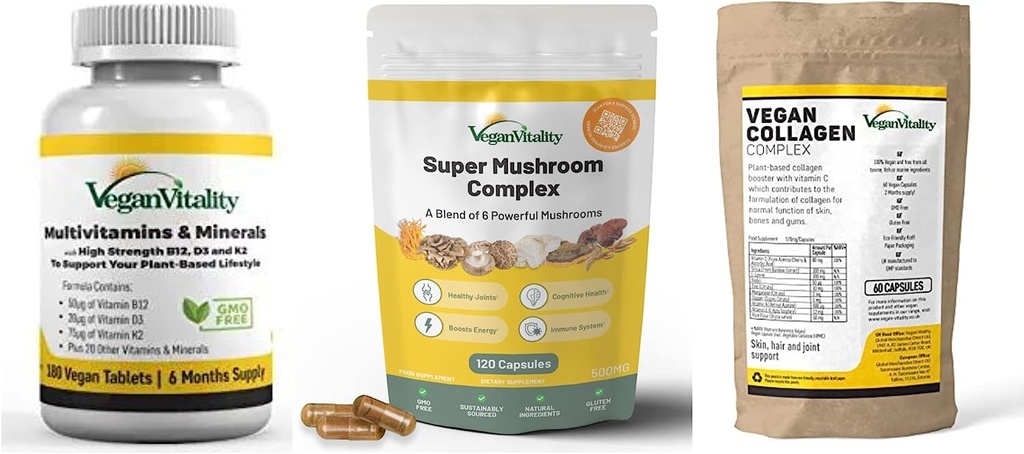 Vegan Vitality Booster Supplements Bundle - Vegan multivitaminer, kollagen og Super Mushroom Complex. Høy styrke plantebasert formel for generell helse for vegetarianere og vegetarianere