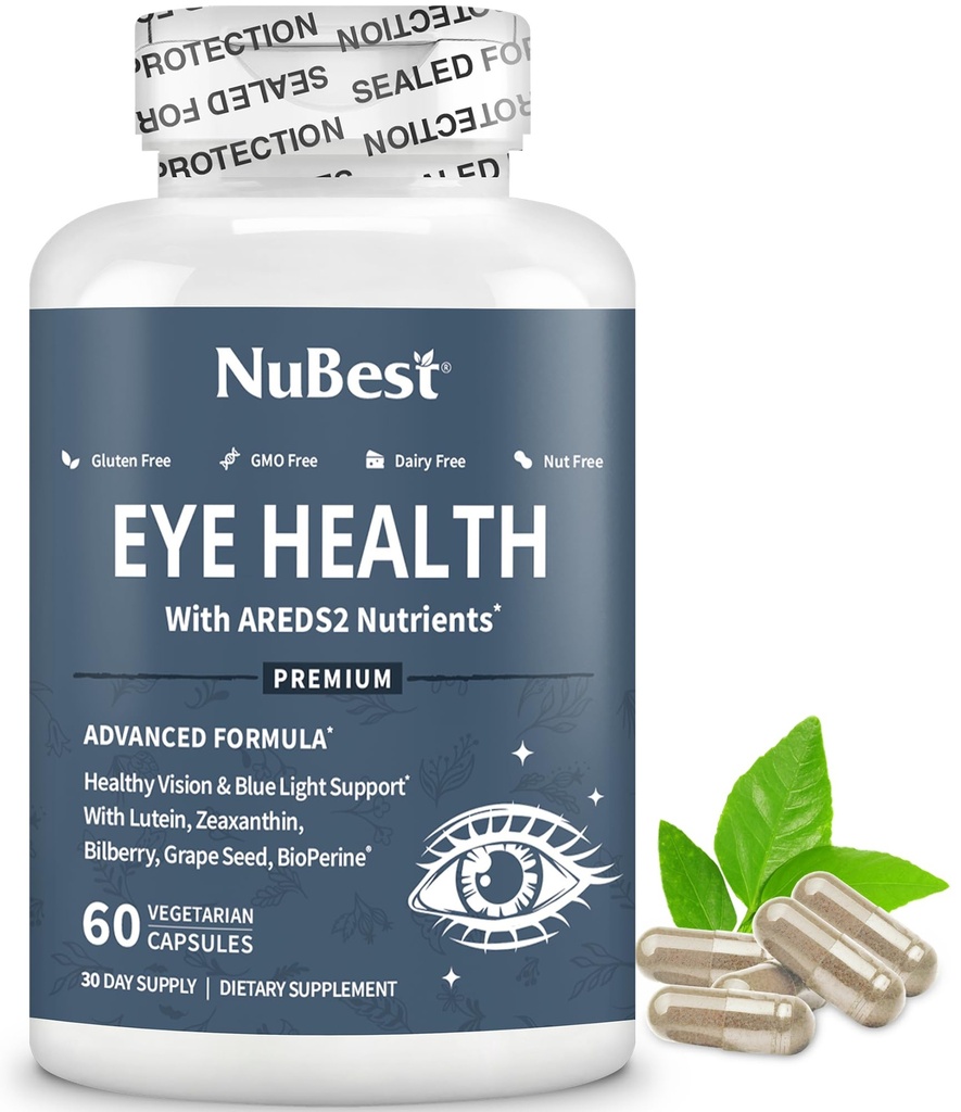 NuBest Areds 2 Øyevitaminer med Beta Caroten Carrot pulver, 20 mg Lutein, 4 mg Zeaxanthin, Bilbær, Grapefrø, BioPerine, B-Complex, Multivitamin for Eye Health