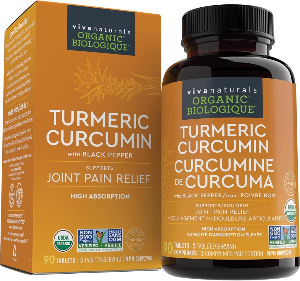 Viva Naturals Turmeric Curcumin, 1500 mg, 120 tabletter - med svart pepper for absorpsjon - for felles støtte og celleforsvar