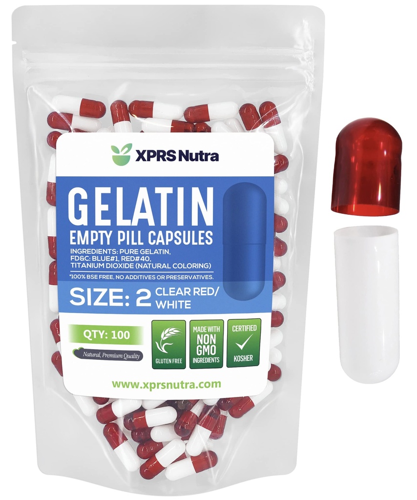 XPRS Nutra Størrelse 2 tomme kapsler - 100 telle tomme gelatinkapsler - piller DIY Capsule Fylling - ren Bovine Pill Gel Caps for Do-It-Selv Supplements (Hvit)