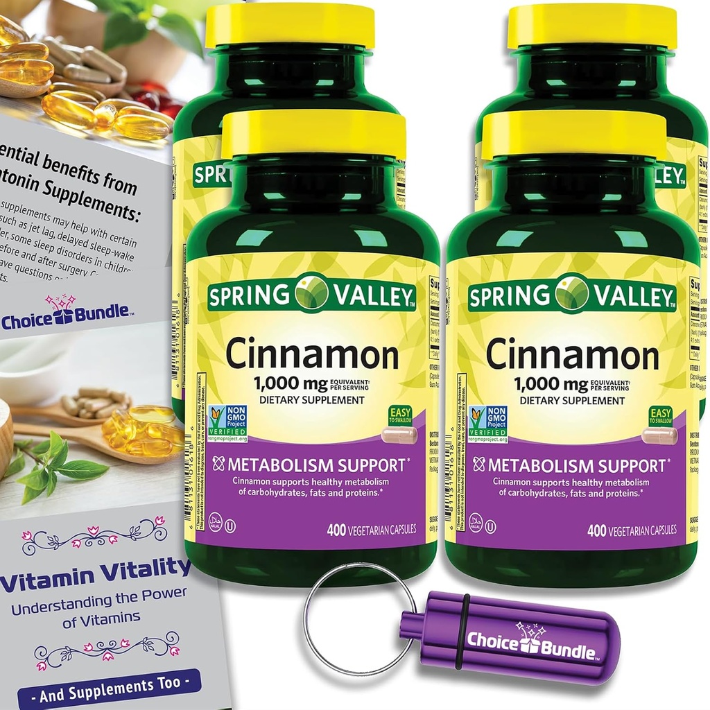 Valg Bundle Spring Valley Cinnamon Diett Supplement 1000mg 400 ct Vegetariske kapsler 4 pk (1600 Totalt) + “Vitamin Vitalitet” Guide & Pill Container (6 elementer)!