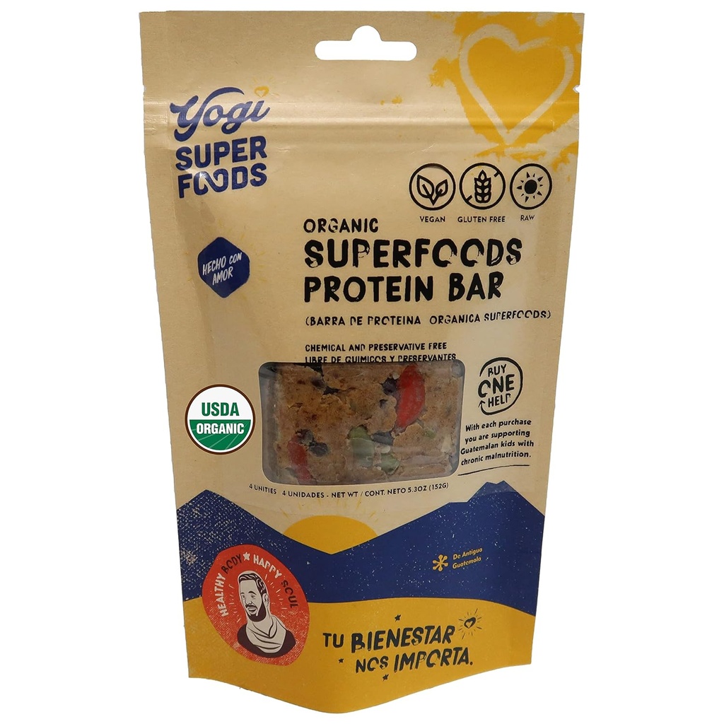 Yogi Super Mat Maca Protein Barer med Cacao for sunn energi - Rå, Vegan, Glutenfri, Lavt Glykemisk Supermat Snack Mat Barer med Planteprotein, Kokospulver & Granola - 4 Bars