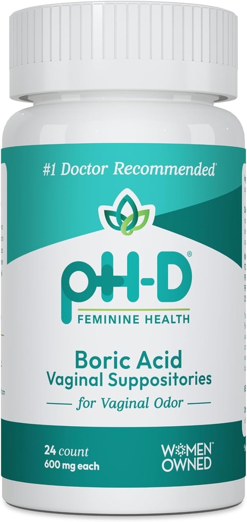 pH-D Feminin Helse - 600 mg Boric Acid Suppositories - Kvinne eid - for Vaginal Odor bruk - 24 count