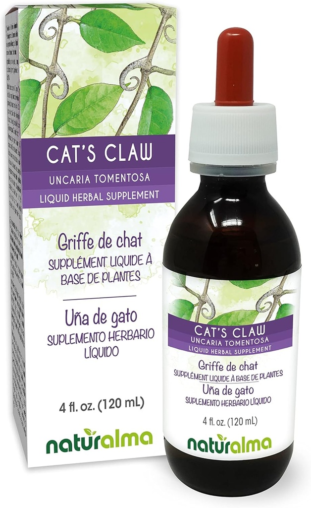 Naturalma Cat's Claw (Uncaria tomentosa) bark alkohol-fri tinktur - 4 fl oz flytende ekstrakt i dråper - Herbal Supplement - Vegan