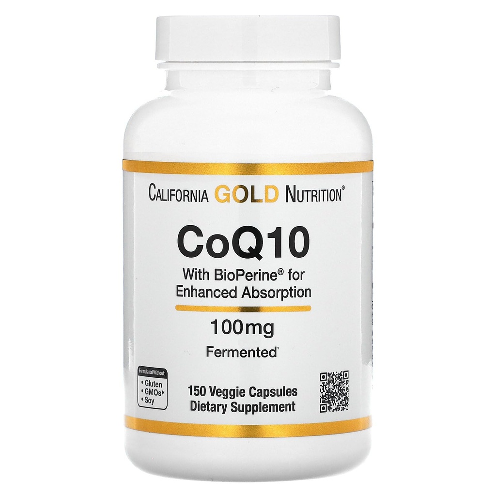 CoQ10 by California Gold Nutrition - USP-Verifisert, Fermentert Coenzyme Q10 med BioPerine - Mitokondriell støtte - Vegansk Vennlig - Glutenfri, Ikke-GMO - 100 mg - 150 Veggie Capsules