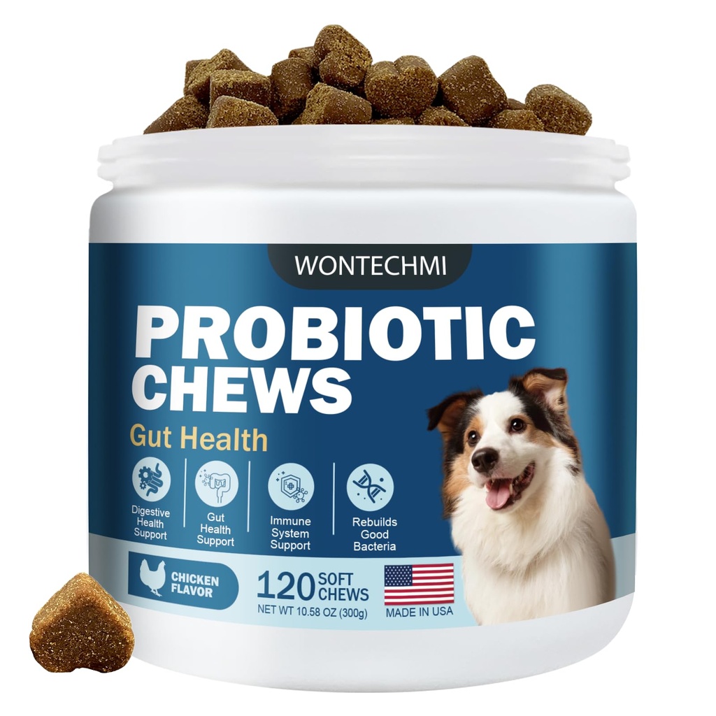 Probiotika for hunder, Forbedre kløende hud kløende ører, Gut Helse, Yest Balance, Allergier, Immunitet, Hundeprobiotika og Digestive Enzymer med Prebiotika, Reduser diarrea (Chicken, 120 tygger)