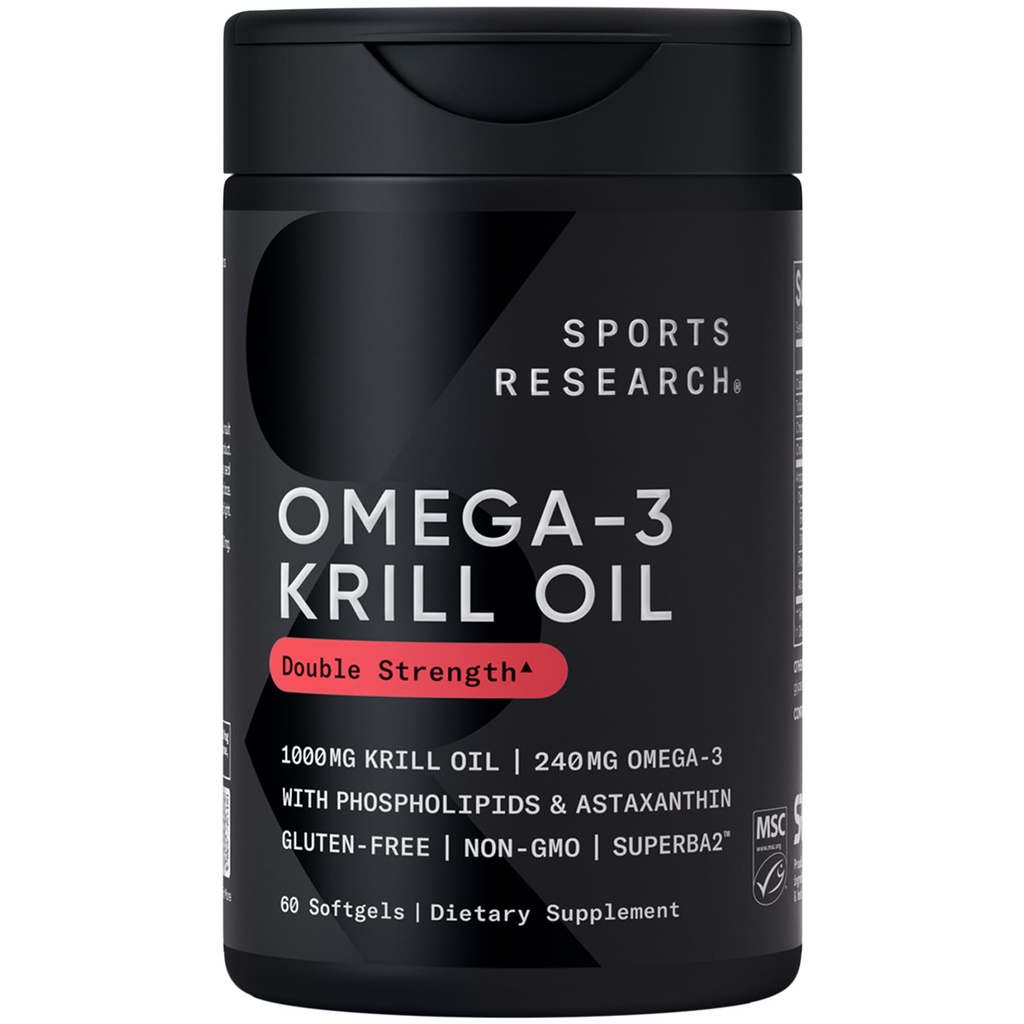Sport Forskning Krill Olje Supplement med EPA & DHA Omega 3, Fosfolipider & Astaxanthin fra Antarktis krill - Høyeste konsentrasjon av krillolje for menn og kvinner - 1000mg, 60 Softgel Kapsler