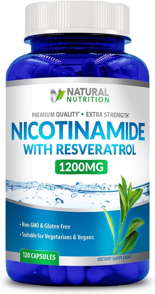 Generisk Naturlig Vitamin Ekstra styrke Nikotinamid med Resveratrol 1200 mg (Vitamin B-3) 120 Veggie kapsler Glutenfri & Ikke-GMO
