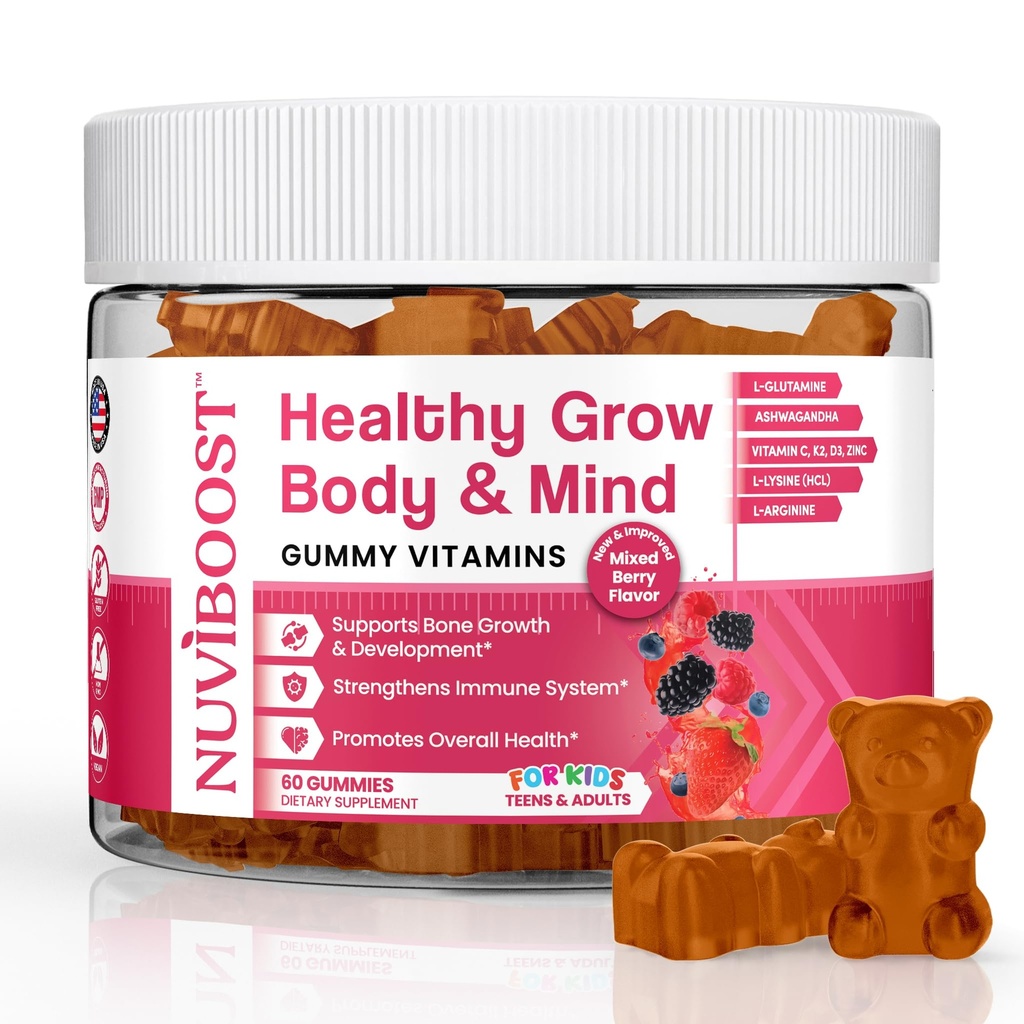 Sunn Grow Height Gummies rik på kalsium, vitaminer C, D3, K2, L-Arginine, Ashwagandha, og andre, Boost Bone Helse & Immunity, Multivitamin, for barn 5+, Tenåringer og voksne.