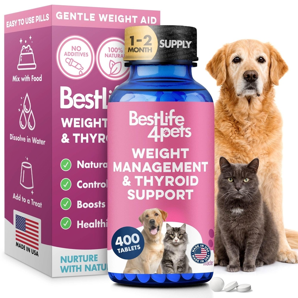 Vekt & Thyroid støtte for hunder og katter, Naturlig løsning for sultekontroll, metabolisme støtte, Optimal Thyroid funksjon, Effektiv hund & katt vekttap, 400 Odorless, smaksløse piller