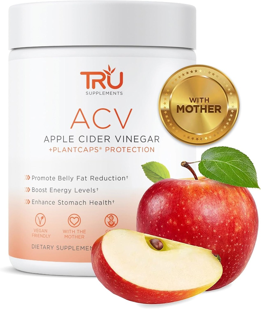 TRU Supplements ACV, Apple Cider Vinegar, Økologisk ACV med moren, Forbedrer Digestion og Hud Helse, 45 Serveringer, 1000 mg