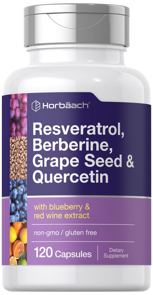 Horbäach Resveratrol Berberine Grape frø og Quercetin | med blåbær & rødvin ekstrakt | 120 kapsler ikke-GMO, Glutenfri og vegetarisk kosttilskudd