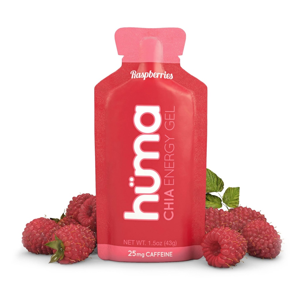 Huma Chia Energy Gel, Raspberry, 12 Gels, 25 mg Koffein per pakke - Premier Sports ernæring for utholdenhetsøvelse