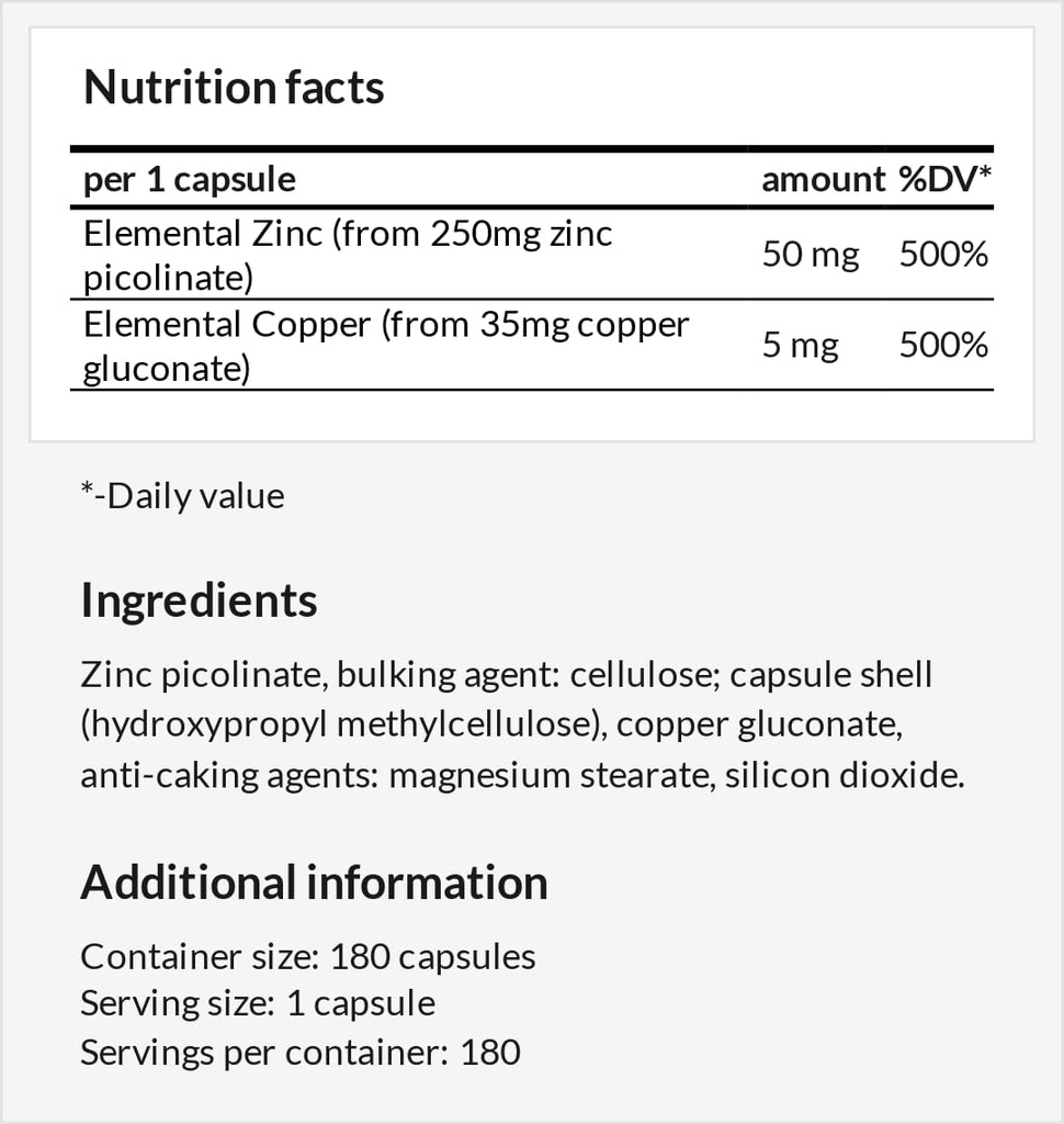 Z-Balance - Zinc 50mg + Cooper 5mg - 180 Vegan kapsler - 6 måneders forsyning - Sink picolante og Cooper gluconate Supplement for sunnt hår, hud og negler - av Apollos Hegemony