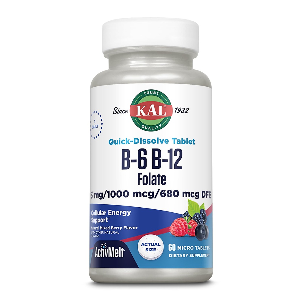 KAL Vitamin B-6, B-12 & Folsyre Supplement, hjertehelse, energi og rødt blodcellestøtte*, med vitamin B12 Metylkobalamin & Folat, Naturlige Berry Flavor, 60 Serveringer, 60 ActivMelt Micro Tabletter