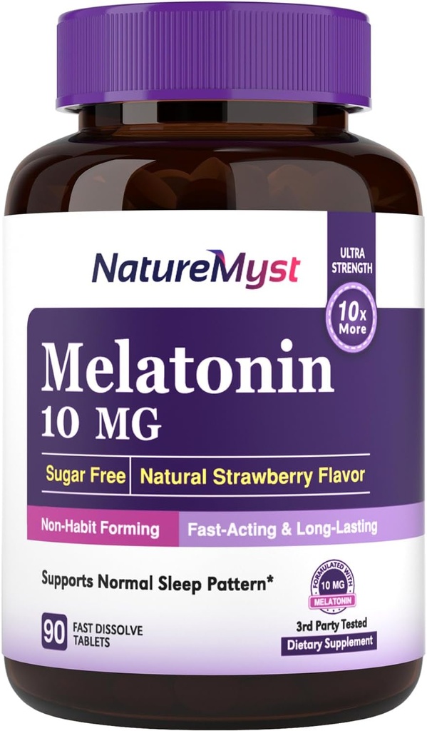 Melatonin 10 MG, raske oppløsningstabletter, ultra styrke, ikke-habit forming, søvn og ro støtte, ingen sukker, naturlig jordbær flavor, 90 tabletter