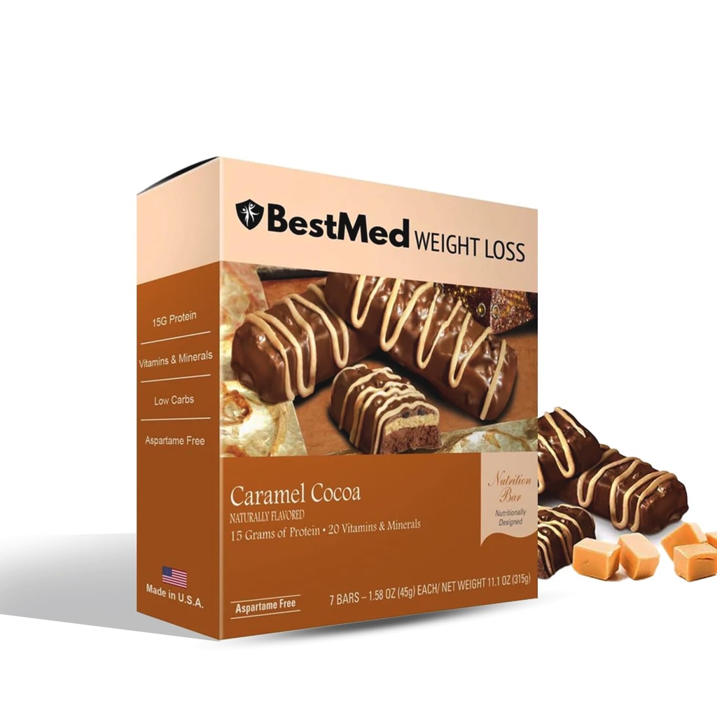 BestMed - høy proteiner ernæringsbar - lavkarbon, 15g protein, lav sukker, høy fiber, lav kalori, måltid erstatning bar (Caramel Cocoa, 1 boks - 7 greve)