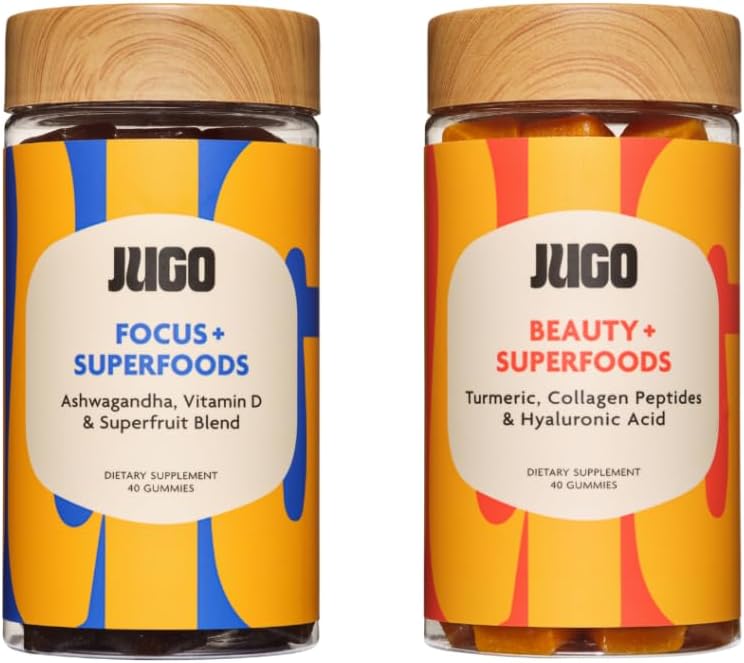 JUGO Skjønnhet + Fokus Gummies Bundle – Ashwagandha, collagen & Biotin – støtter fokus, stressrelief, hår, hud og negler – Plantebasert, Glutenfri