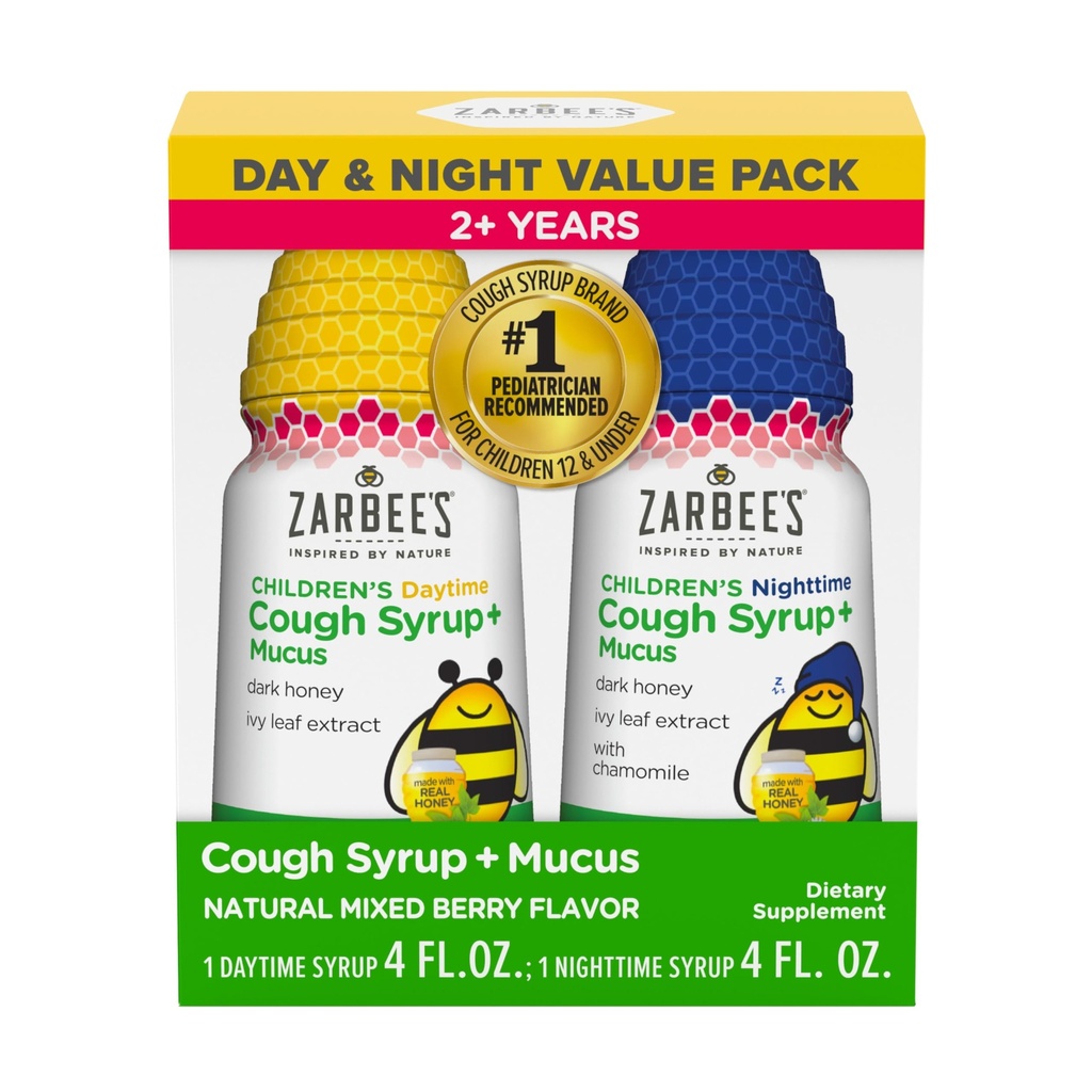Zarbee's Children's Honning Cough Syrup + Mucus Day & Night Value Pack, Dagtid & Natttid Toddler Cough Syrup, Mørk Honning, Ivy Leaf Extract, Kamille, Blandet Berry Flavor, 2X 4 Fl Oz