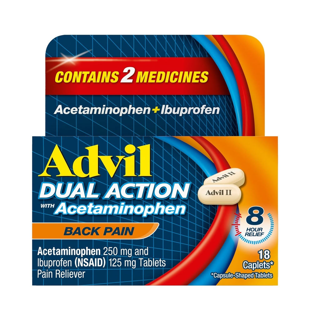 Advil Dual Action Rygg Smerte Caplets leverer 250 mg Ibuprofen og 500 mg Acetaminophen per dose i 8 timers ryggsmerter Relief - 18 greve