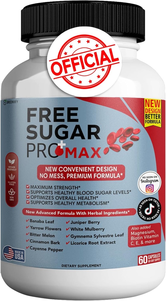 Gratis sukker Pro Max Alle naturlige formel for å opprettholde sunne nivåer, maksimal styrke daglig formel, blodsugar helse vurderinger (1 pakke - 60 kapsler)