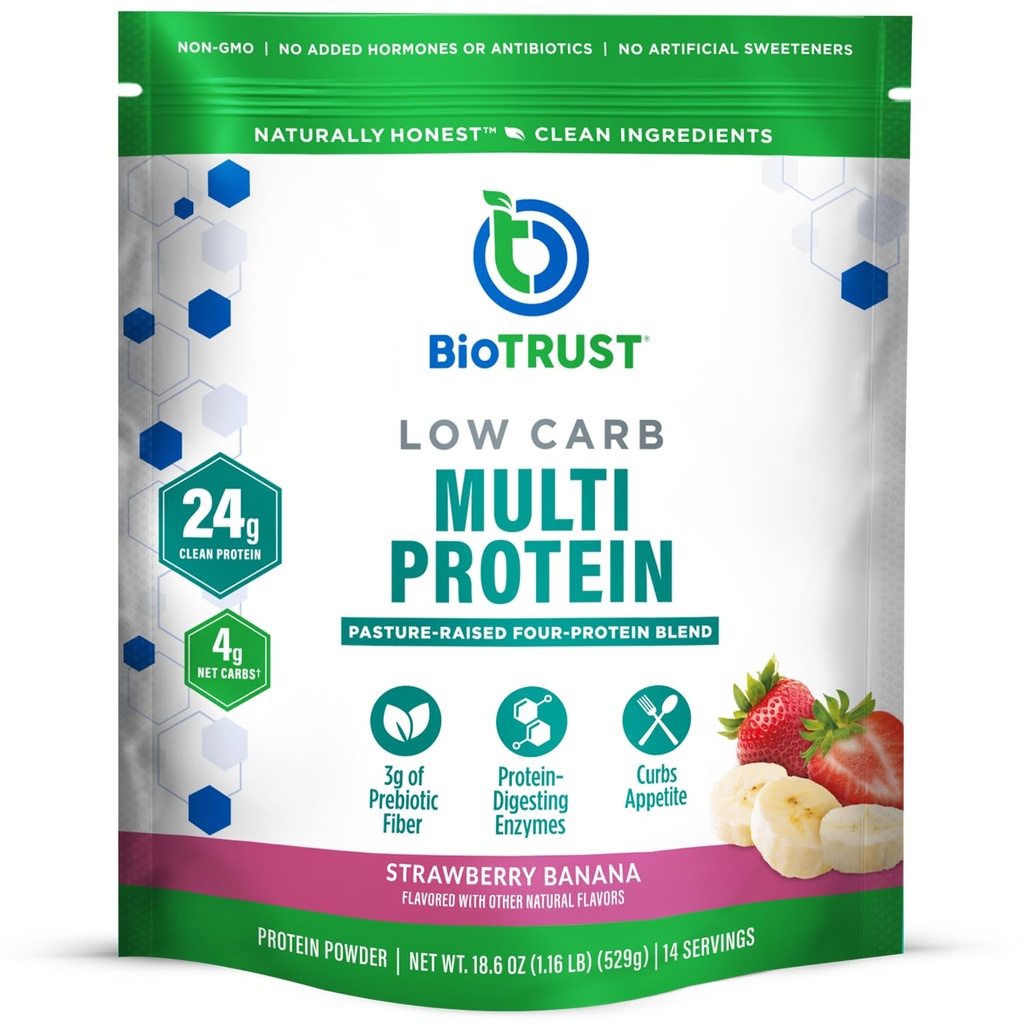 BioTrust Low Carb Protein pulver – Delicious Whey & Casein blanding fra Grass-Fed Hormon Free Cows – Ikke GMO, Glutenfri (Strawberry Banan)