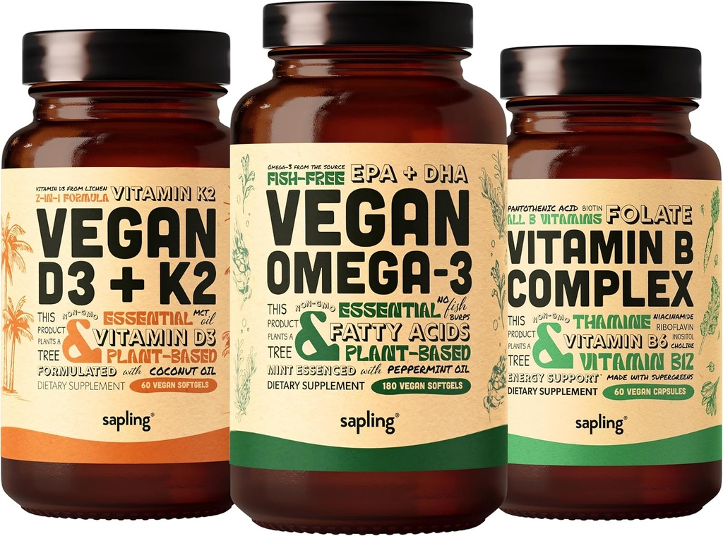 Vegansk Omega 3 180 Softgels & Vegansk D3 + K2 & Vitamin B kompleks Bundle - Plant Basert DHA & EPA fettsyrer, 4000 IE vitamin D3 og 100mcg vitamin K2, essensielle B vitaminer