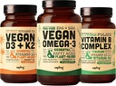 Vegansk Omega 3 180 Softgels & Vegansk D3 + K2 & Vitamin B kompleks Bundle - Plant Basert DHA & EPA fettsyrer, 4000 IE vitamin D3 og 100mcg vitamin K2, essensielle B vitaminer