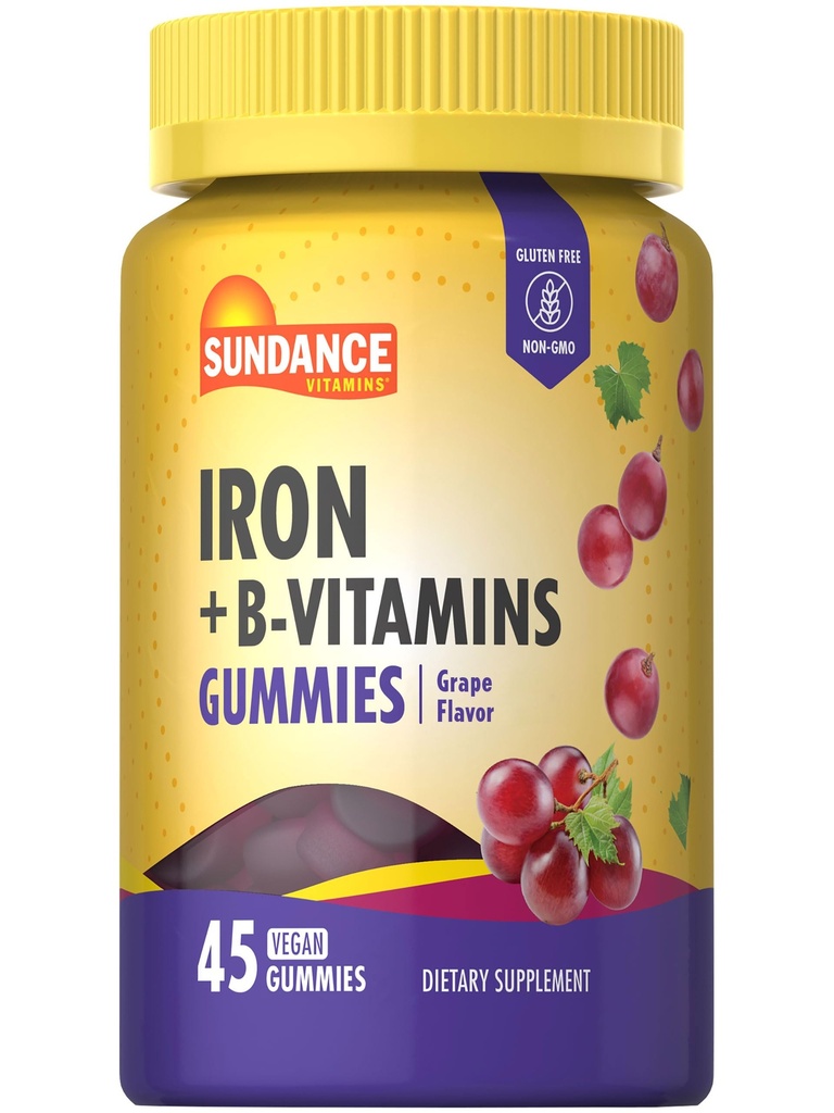 Sunance Iron Gummies Plus B-Vitamins | 45 Vegan Gummies | Grape Flavor | Vegansk, ikke-GMO, og Glutenfri Supplement