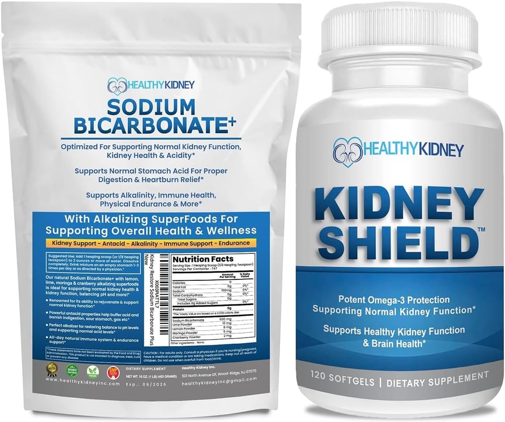 Organisk natriumbikarbonat Alkalin Supplement Bundle: 2LB pulver for alkalinitet, syreneutralizer og nikkel støtte + 120 Caps Nyre Skjold for nyrehelse, rensing og omega 3 Støtte