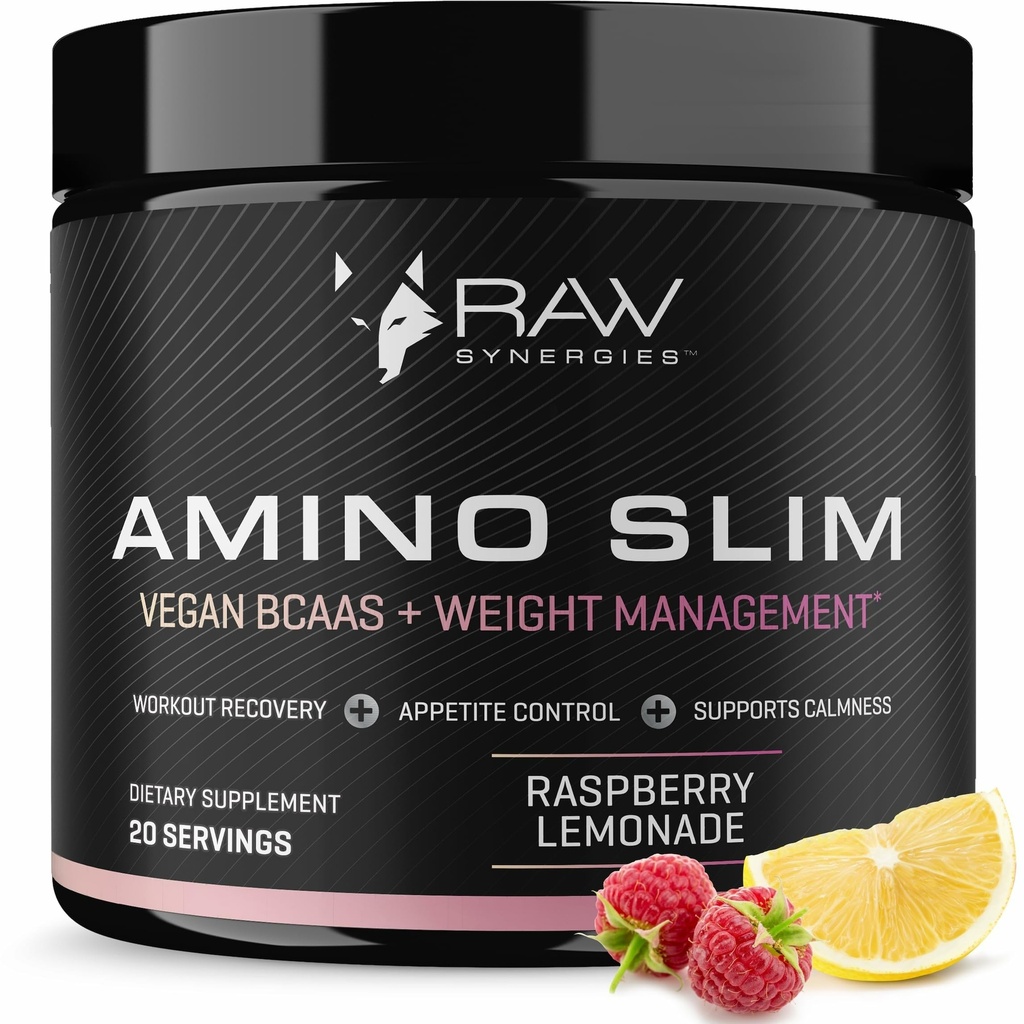 RAW Synergier Amino Slim - Active Livsstil Supplement for Metabolic & Mindful Eating Support - Muskel og energi støtte - Sukker-fri & Vegan - Bringebær Lemonade - 20 Serveringer