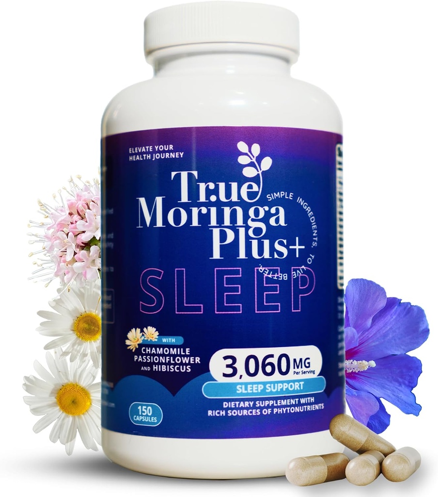 True Moringa Plus+ søvnstøtte Supplement 10:1 Ekstrakt | 20 000mg organisk Moringa, kamille, lidenskapsblomster, Valerisk rot, Hibiscus for avslapping | Naturlig søvnhjelp for voksne (150 kapsler)