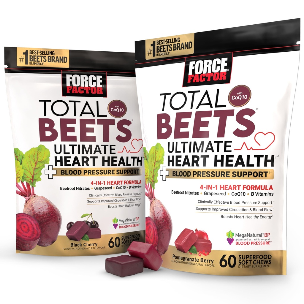 Bundle av Force Factor Total Beets Ultimate Heart Helse Blodtrykk Støtte Chews med CoQ10, Beet Root Powder, Grape Seed Extract, Blodtrykk Supplement for sirkulasjon og blodstrøm, 120 Mykt
