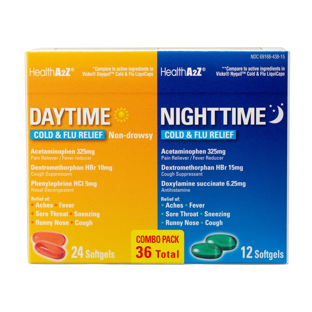 HealthA2Z® dagtid og natttid | kulde- og influensamedisin | Kraftig multi-symptom dagtid og natttid relief (24 dagtid og 12 nattetid Softgels) (dagtid og nattetid Combo (36 Count Pack of 1))