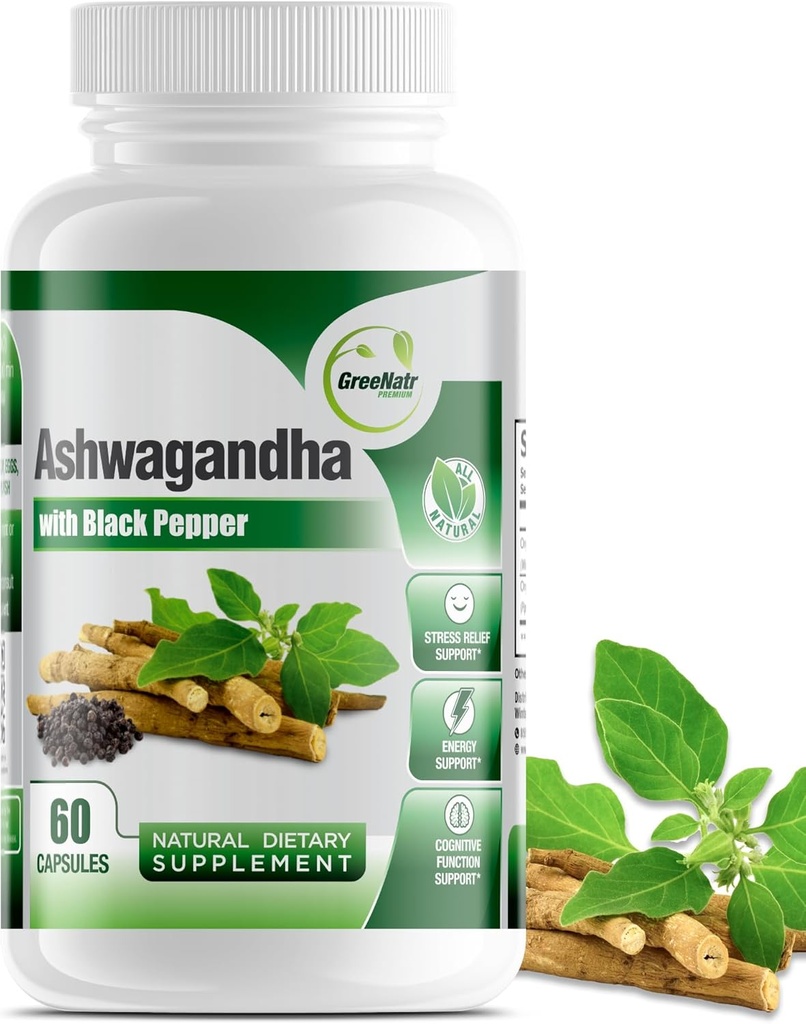 GreeNatr Organic Ashwagandha Kapsler med svart Pepper for forbedret absorpsjon - Mood Enhancer med energi og kognitiv funksjon - 1300 mg Veggie Kapsler (1 flaske)