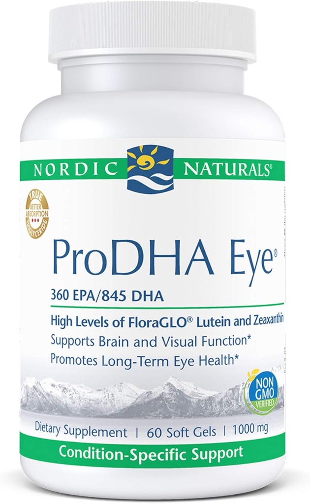Nordic Naturals ProDHA Eye - Fiskeolje, 360 mg EPA, 845 mg DHA, 20 mg Floraglo Lutein, 4 mg Zeaxanthin, støtte for nevrologisk funksjon og langsiktig øyehelse*, 60 myk geler
