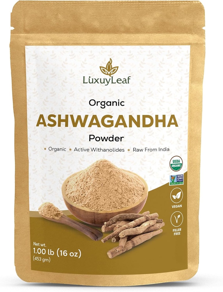 LuxuyLeafOrganic Ashwagandha Root pulver, ikke-GMO og vegansk-vennlig (Ashwagandha pulver)