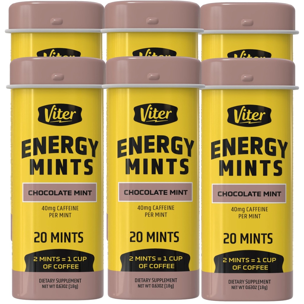 Viter Energi Koffeinert mynter 40 mg koffein, B vitaminer, sukkerfri. (Chokolate Mint, 20pcs, 6 Pack)