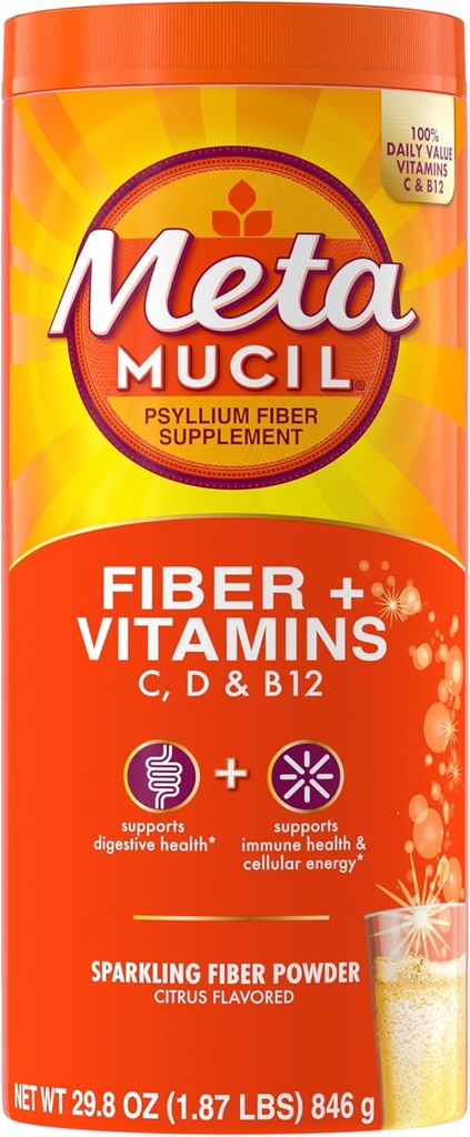 Metamucil Sparkling Fiber Supplement + vitaminer, Plant Basert Psyllium Husk pulver med vitaminer C, D & B12, Daglig Fiber Supplement for Digestive Helse, Citrus Flavored, Sukkerfri, 90 Serveringer