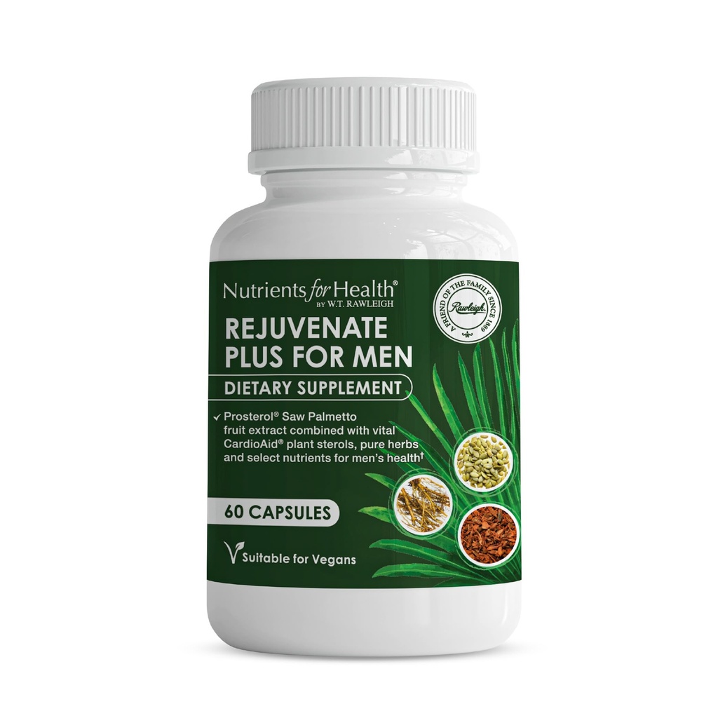 Rawleigh Rejuvenate Plus for menn: 60 veganske kapsler | High-Potens 320mg Sag Palmetto | Pumpkin Seed, Pygeum Bark | Plantesteroler, Lycopen & Rosemary | Prostate helsestøtte Supplement