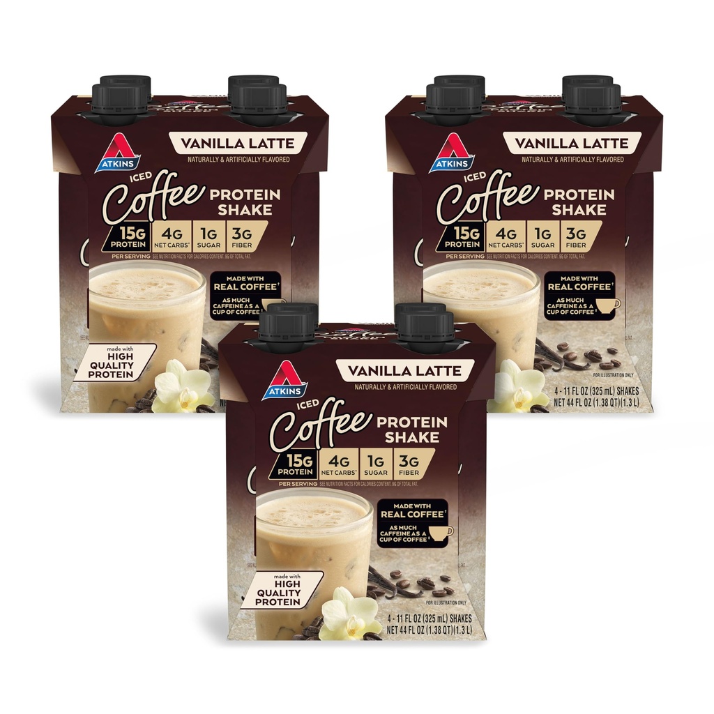 Atkins Iced Coffee Vanilla Latte Protein Shake, 15g Protein, Lavglykemisk, 4g Net Carb, 1g Sukker, Keto Vennlig, 12 pakker 11 fl Oz