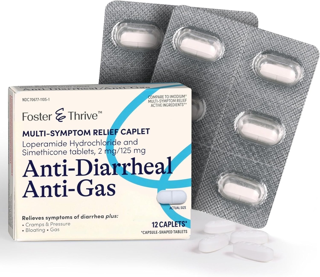Foster & Thrive Loperamide Hydrochloride og simetikon Anti-Diarreal Anti-Gas Multi-Symptom Relief, 48 Caplets, behandling av diarrea, gass, utblåsing, Kramper og trykk, 12 Caplets (Pack of 4)