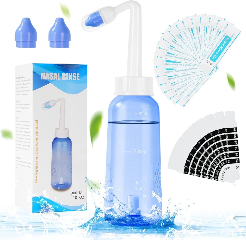 URAQT Neti Pot, Nasal rengjøringssett Nese Vaskemaskin, 300 ml Sinus rengjøringsflaske med 20 Nasal Vaske saltpakker og 10 termometer klistremerke, trykk renn Nasal irrigasjon for voksen og Kid BPA gratis