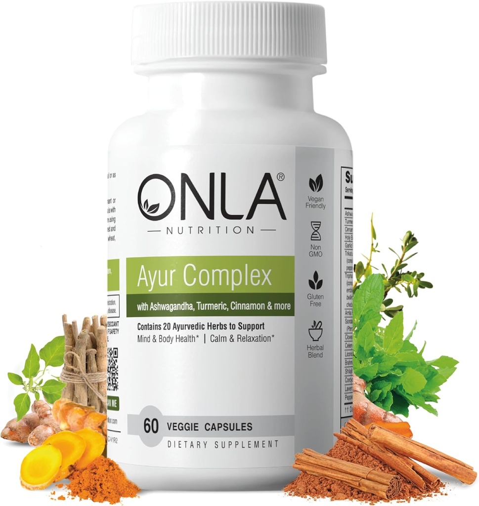 ONLA Vegan Ayurveda Herbal Kosttilskudd (20-i-1 Herbal Capsules) - Turmeriske kosttilskudd med Ashwagandha, kanel, Triphala, Brahmi - naturlige ingredienser, Herbal energi Supplements (60 Cap)